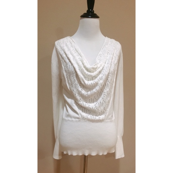 Isela White Draped Cowl Neck Mixed Knit Sweater - Picture 3 of 3